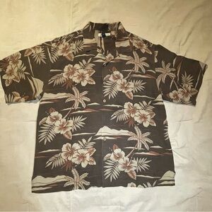 Tommy Bahama Shirt Mens XL Brown Silk Tropical Palm Leaf Camp Hawaiian Button Up